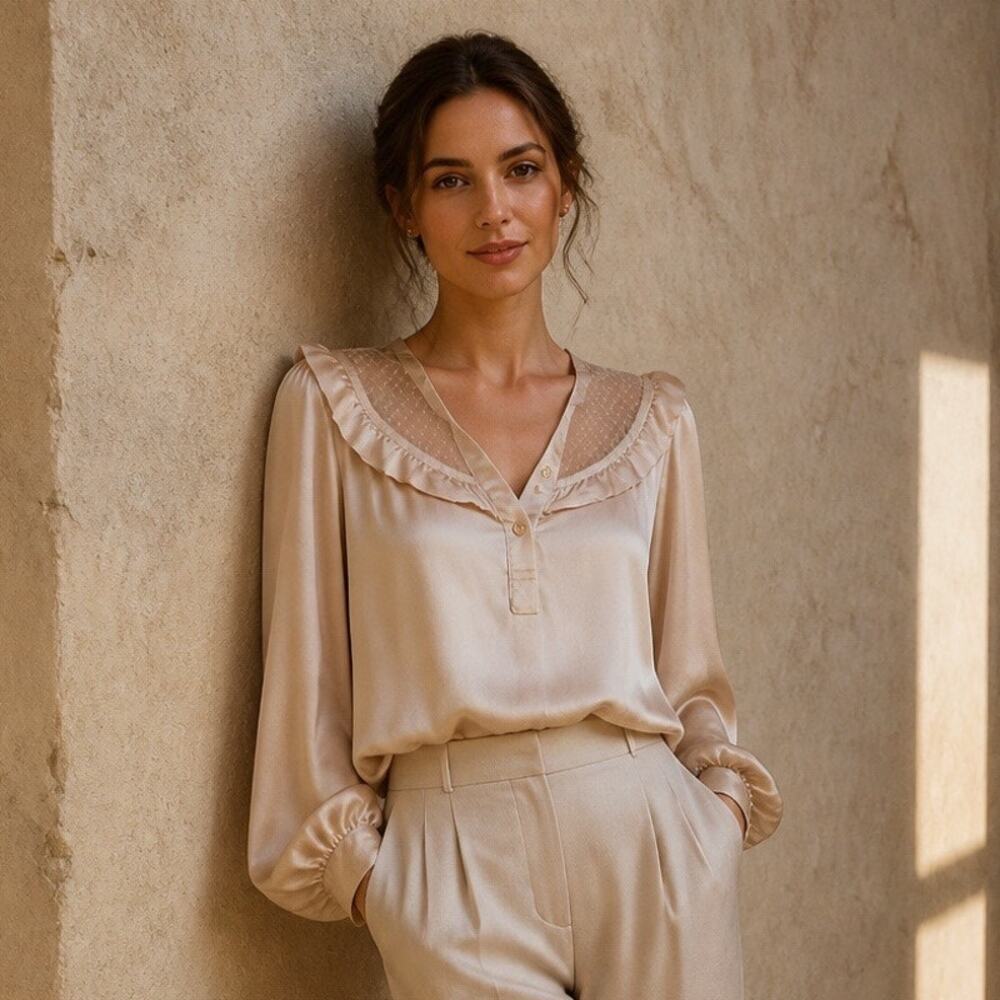Womens Victorian Mesh Ruffle Satin Top Medium Puff Sleeve Ren Faire Old Money
